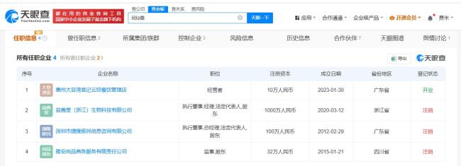 黄杨钿甜爸爸关联公司2天前退出股东 杨伟卸任并退股
