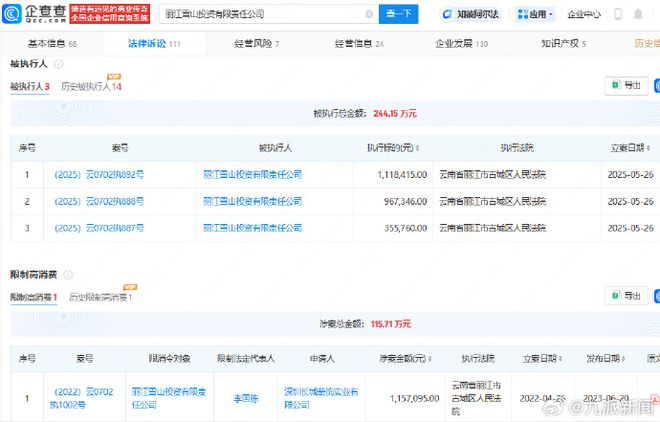 限制高消费，多条股权冻结，李亚鹏持股公司被强执244万