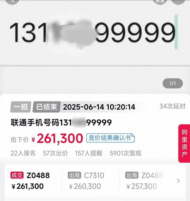 尾号99999手机号拍出26.13万元，溢价率超160%