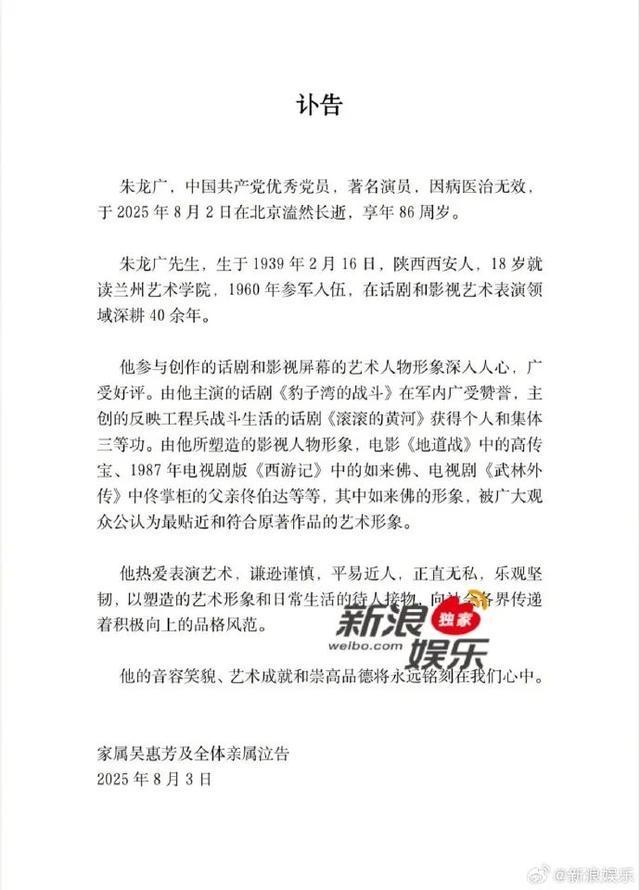演员朱龙广去世，曾出演86版《西游记》中的如来佛